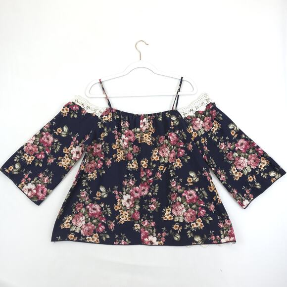 Fashion Magazine Blouse Women L Navy Floral Off Shoulder Lace Trim Boho Fairy - Picture 9 of 9
